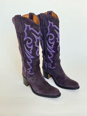 Free Lance Paris Rare Women's Purple Suede Embroidered Western Heeled Boots